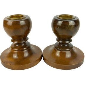 Myrtlewood Candle Holders Pair Grants Pass Oregon Hand-Turned Brass Inserts Vtg